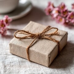 A small gift wrapped in rustic fabric with twine, set on a linen cloth near pink flowers and a white teacup in soft natural light