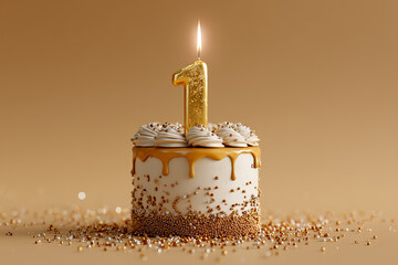 Gold Number One Candle on Small Drip Cake with Sprinkles