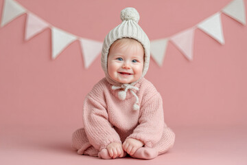 Smiling Baby Girl in Pink Knitted Outfit and Hat on Pink Background