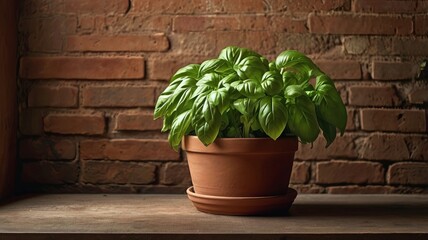 Obraz premium Fresh Basil Plant on Textured Kitchen Backdrop