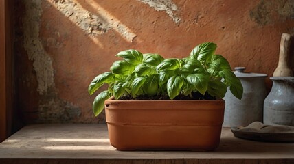 Fresh Basil Plant on Textured Kitchen Backdrop