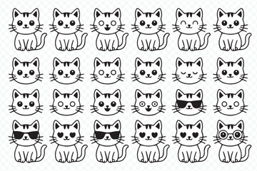 Kawaii Cat Faces Vector Pack, Black and White Cute Cat Icons
