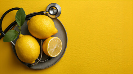 Vibrant Yellow Background Lemons Stethoscope Wellness Concept