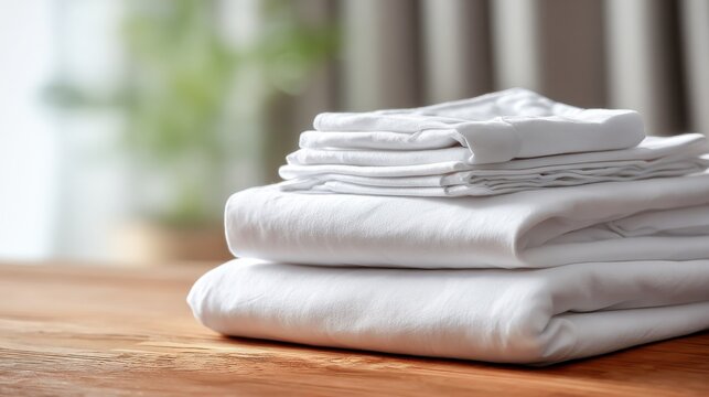Stunning photo of freshly washed white cotton bed sheets neatly folded. Clean surface in room. Bedding set plain soft smooth comfortable luxury household decor fabric. Home.