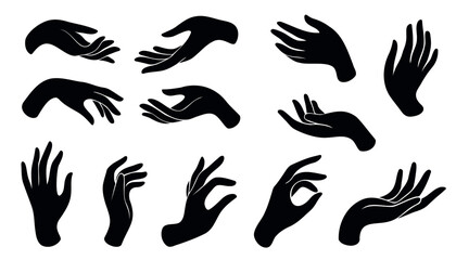 Set of various black silhouette woman hands.  collection of female hands of different gestures. Trendy minimal style for logos, prints, designs, illustrations.