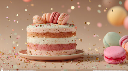Pastel Layered Cake with Macarons and Confetti