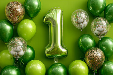 Gold Number One Balloon with Green and Gold Balloons on Green Background