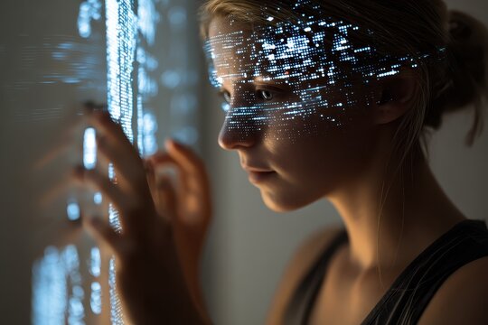Girl engaged in exploring digital code interface while focusing on glowing data projections in a modern, tech-inspired environment during evening hours