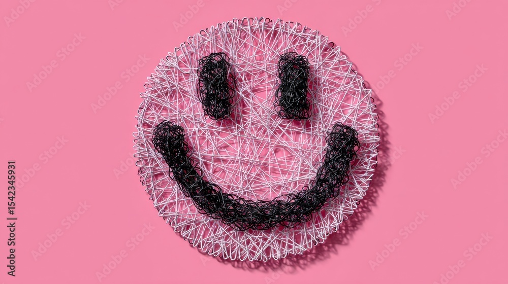 Aufkleber floating thread art showcases a laughing face symbol against a vibrant pink background, blending cre