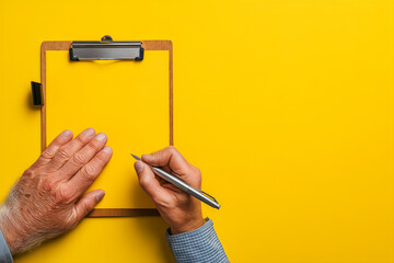 Overhead View of Hands Writing on Yellow Notepad with Silver Pen