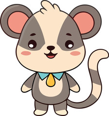 Cartoon Mouse Character with Striped Tail and Blue Bowtie Illustration.