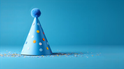 Blue Party Hat with Confetti on Blue Background