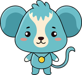 Cartoonish blue mouse with a golden pendant big ears and a curly tail.