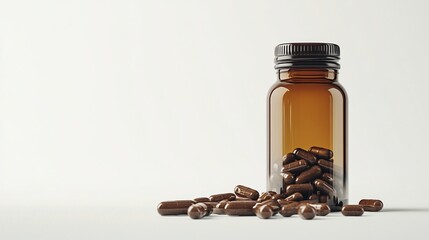 Amber Bottle with Brown Capsules: Health Supplement Product