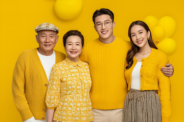 Joyful Multigenerational Family in Yellow Attire Against Yellow Background