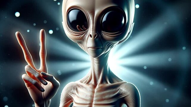 Friendly Alien with Peaceful Mood Making Victory Gesture against Futuristic Cosmic Light Background