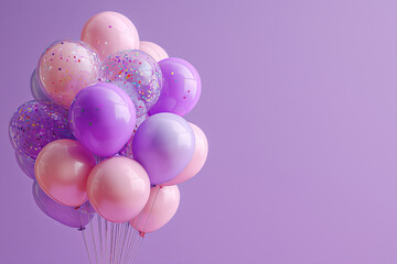 Pink and Purple Balloons with Confetti on Purple Background