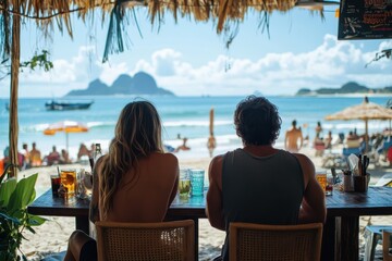Couple enjoys beachfront view from open air cafe in Trancoso, Bahia, Brazil during the day