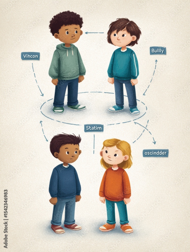 Poster understanding the roles in bullying dynamics with clear visual representation of bully, victim, and 