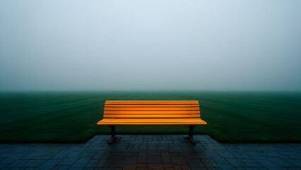 An orange bench sits in a foggy park