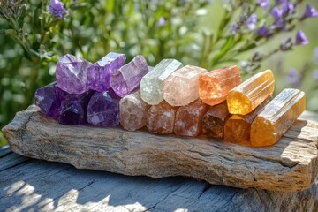 Natural gemstones and wooden wands creating an altar on a wooden shelf near a window