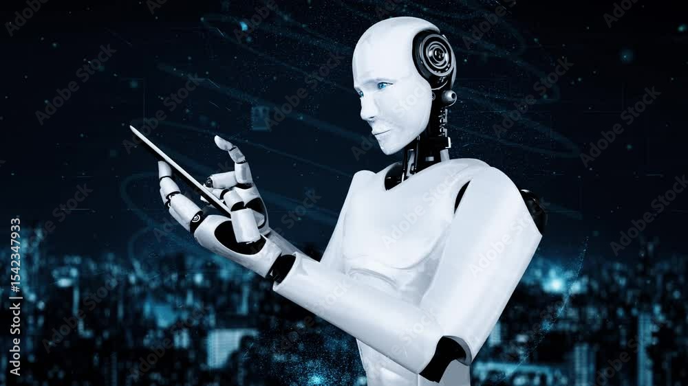 Poster internet connection controlled by ai robot huminoid and machine learning process to analyze data con