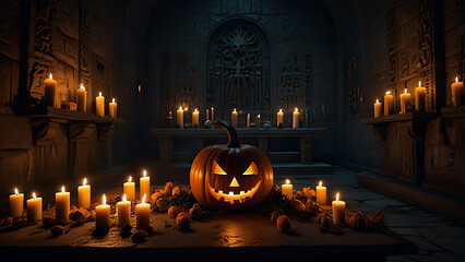 A glowing pumpkin grave altar in a dark crypt, surrounded by skulls, lit candles, and ancient symbols on the walls.