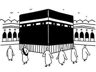 Naklejka premium Illustration of the Kaaba in Mecca, Saudi Arabia, with Pilgrims