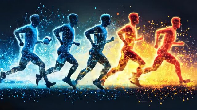 Vibrant scene of runners with glowing neural fibers surrounding them, symbolizing brain-muscle connection, energy and motion blur, futuristic style, bright colors.  