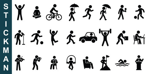 Minimal stickman icon set - showing various daily activities such as walking, biking, eating, talking, and working