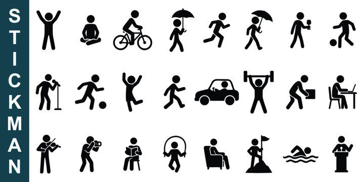 Minimal stickman icon set - showing various daily activities such as walking, biking, eating, talking, and working
