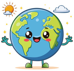 Fototapeta premium Cartoon earth with happy face, sun and cloud clipart illustration, isolated 