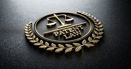Patent Law: Golden Icon with Scales of Justice and text. Legal Concept