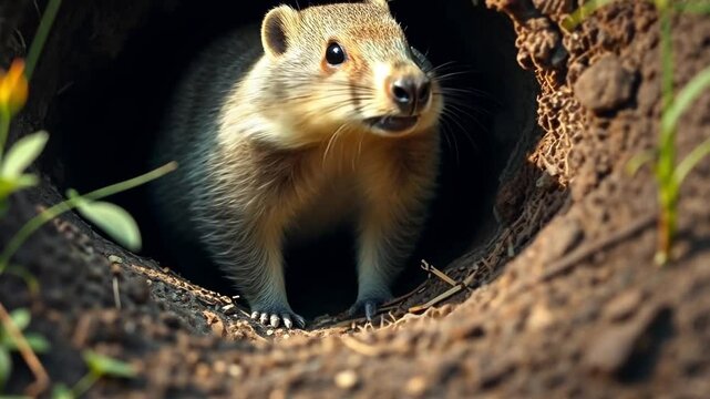 Curious Ground Squirrel Cautiously Emerging from Burrow in Natural Forest Earth Background