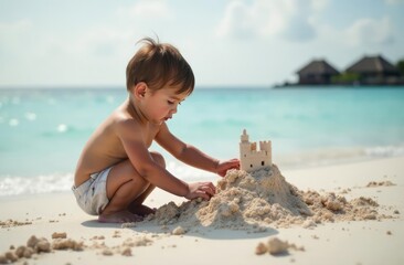 A boy on the beach building sand castles on the background of a shore with white sand and blue sea, on the background of a bungalow