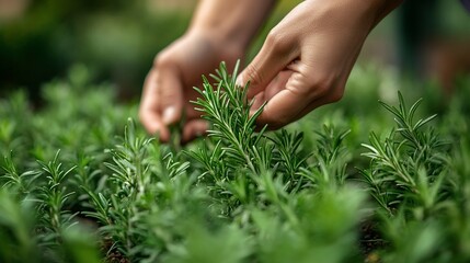 Rosemary Harvest: A Close-Up of Hands Gently Picking Fresh Rosemary