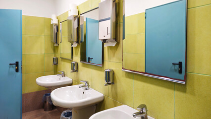 Interior of a bathroom with toilets. Design of sanitary facilities for personal care. Personal...