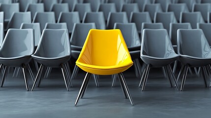 A single bright yellow chair amidst many gray chairs.