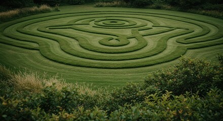 Naklejka premium A meticulously manicured lawn maze. Lush green hedges and grass form intricate patterns