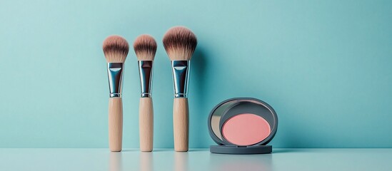 Elegant Makeup Brushes and Blusher on Teal Background