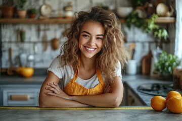 Smiling woman measuring counter space with yellow tape measure in a bright modern kitchen with white cabinets and open wood shelving