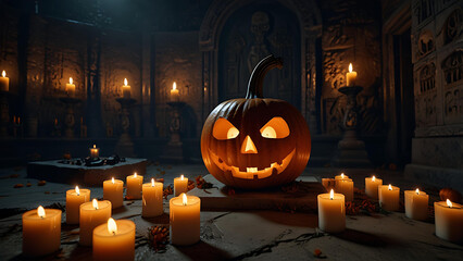 A glowing pumpkin grave altar in a dark crypt, surrounded by skulls, lit candles, and ancient symbols on the walls.