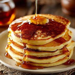 Stack of pancakes with syrup on a plate