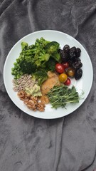 Well-balanced breakfast featuring healthy source of ptotein, fermented and fresh vegetables, salad and nuts on a plate. Top view real kitchen photo, diet and self care and love concept