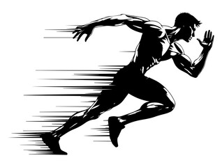 A black and white silhouette of a man running fast against a white isolated background. Vector graphics. EPS.