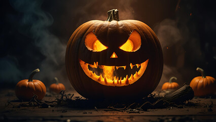 A demonic portal opening from the mouth of a carved pumpkin, releasing twisted spirits and black smoke into the night.