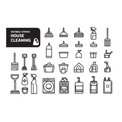 House cleaning supplies icons editable stroke