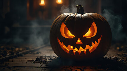 A demonic portal opening from the mouth of a carved pumpkin, releasing twisted spirits and black smoke into the night.