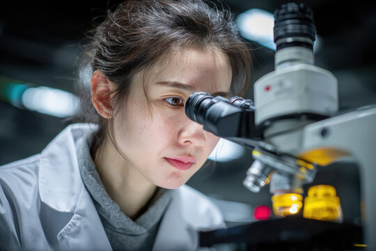 Mature Researcher in High-Tech Lab Using Electron Microscope