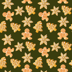 Festive seamless pattern Traditional Christmas cookies gingerbread men, trees, snowflakes with white icing on a solid forest green background for joyful holiday designs, wrapping, and digital projects